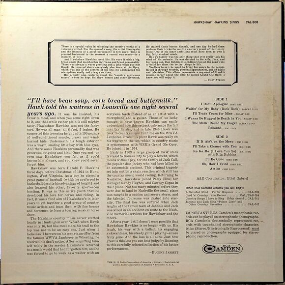 Hawkshaw Hawkins LP Hawkshaw Hawkins Sings on RCA Camden VG/VG+ Country Mono - Picture 2 of 4